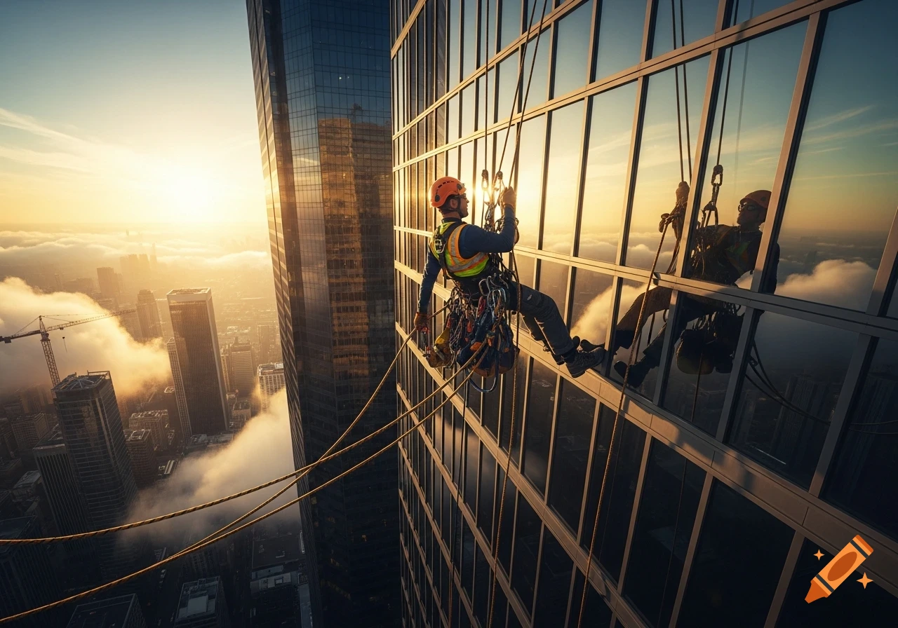 Photorealistic image of a worker rappelling down a glass skyscraper at sunset, with a city skyline and clouds below.