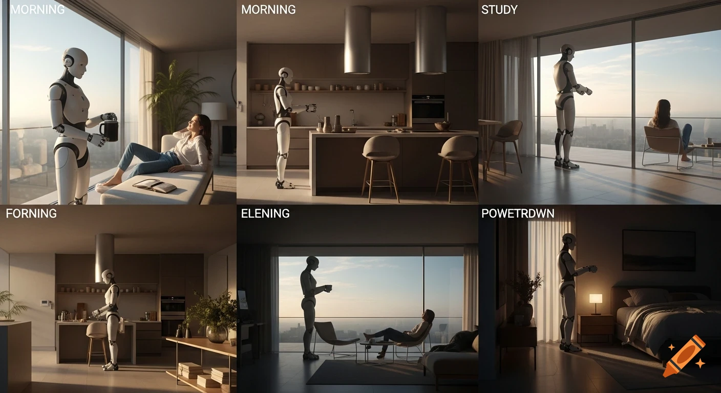 A six-panel collage showing a humanoid robot and human companion in a modern apartment throughout the day, with text labels for each panel.