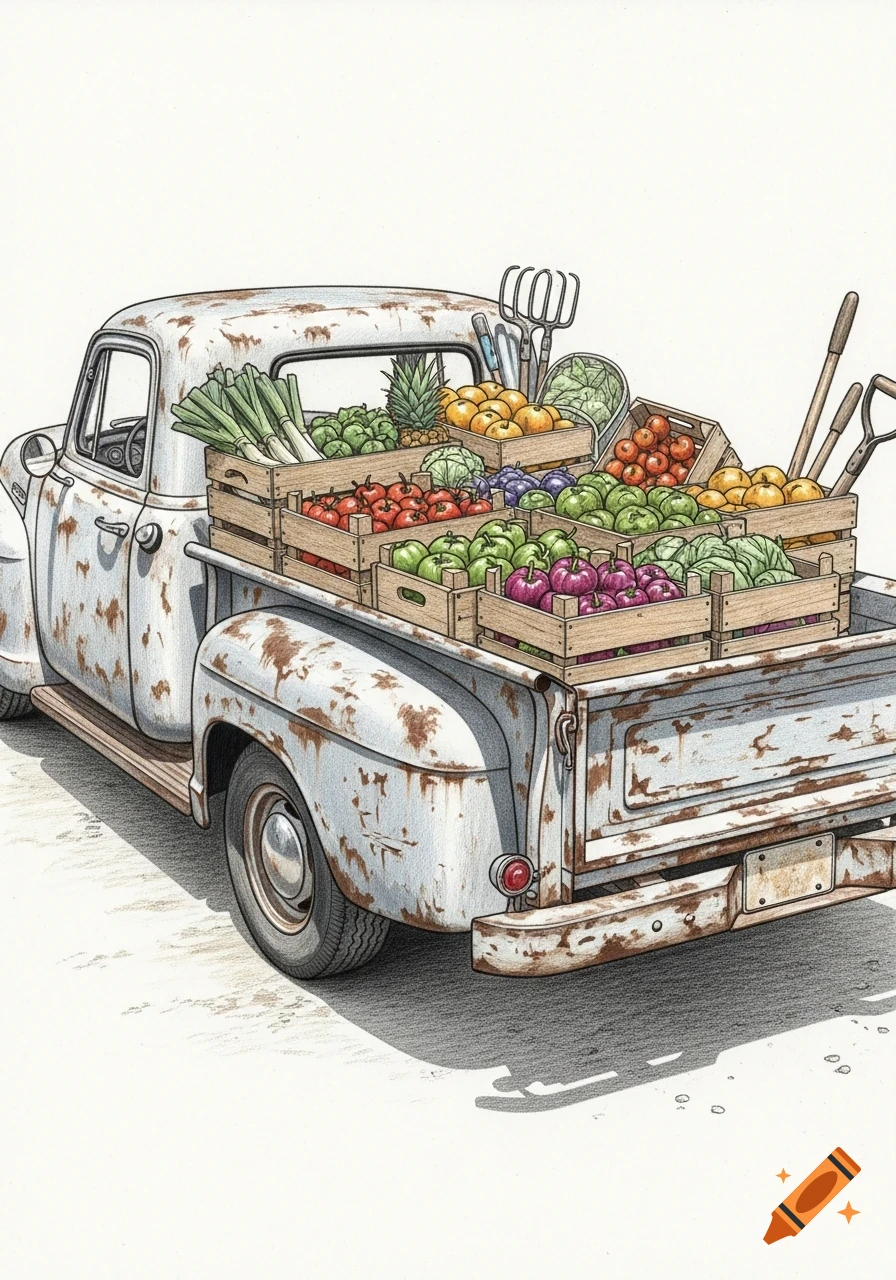 Pencil sketch of a rusty pickup truck loaded with crates of fruits, vegetables, and farming tools.
