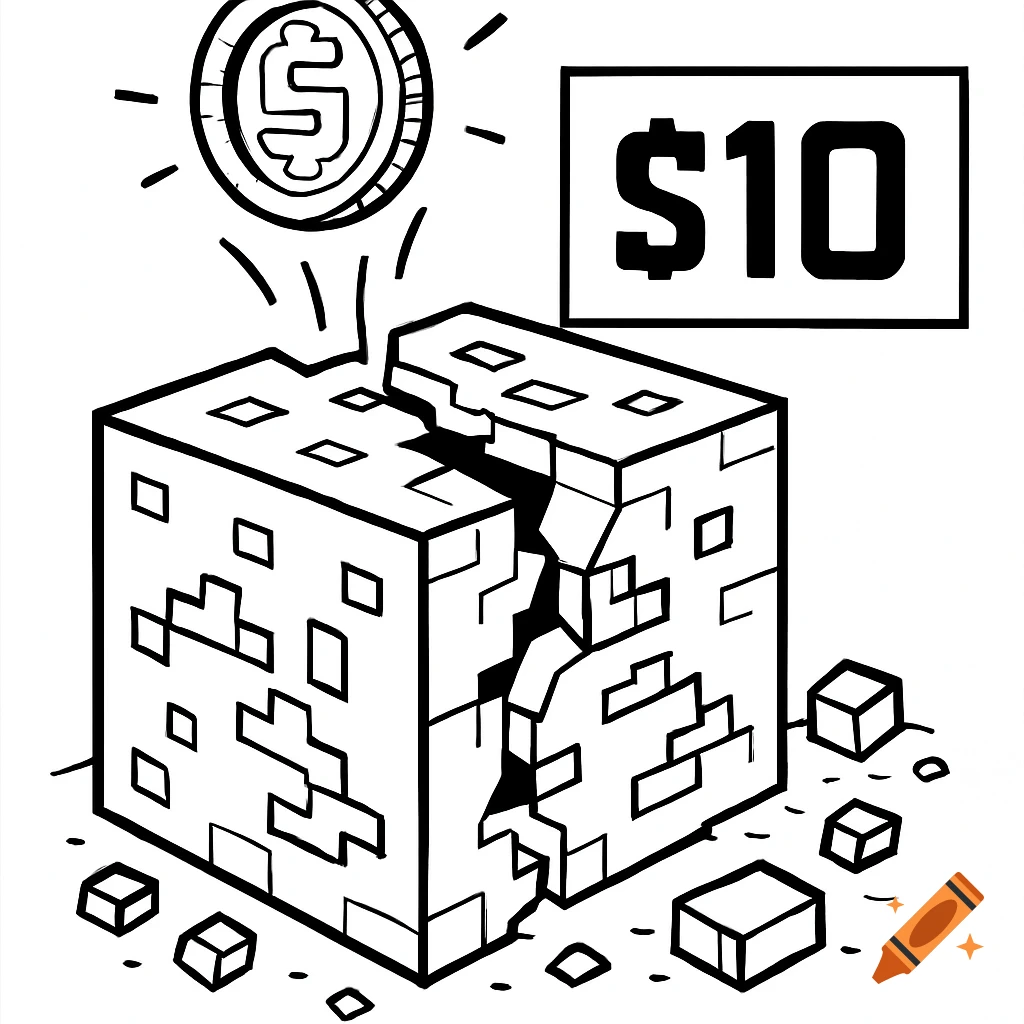 Black-and-white line art of a cracked Minecraft-style ore block with a coin floating above and a $10 sign.