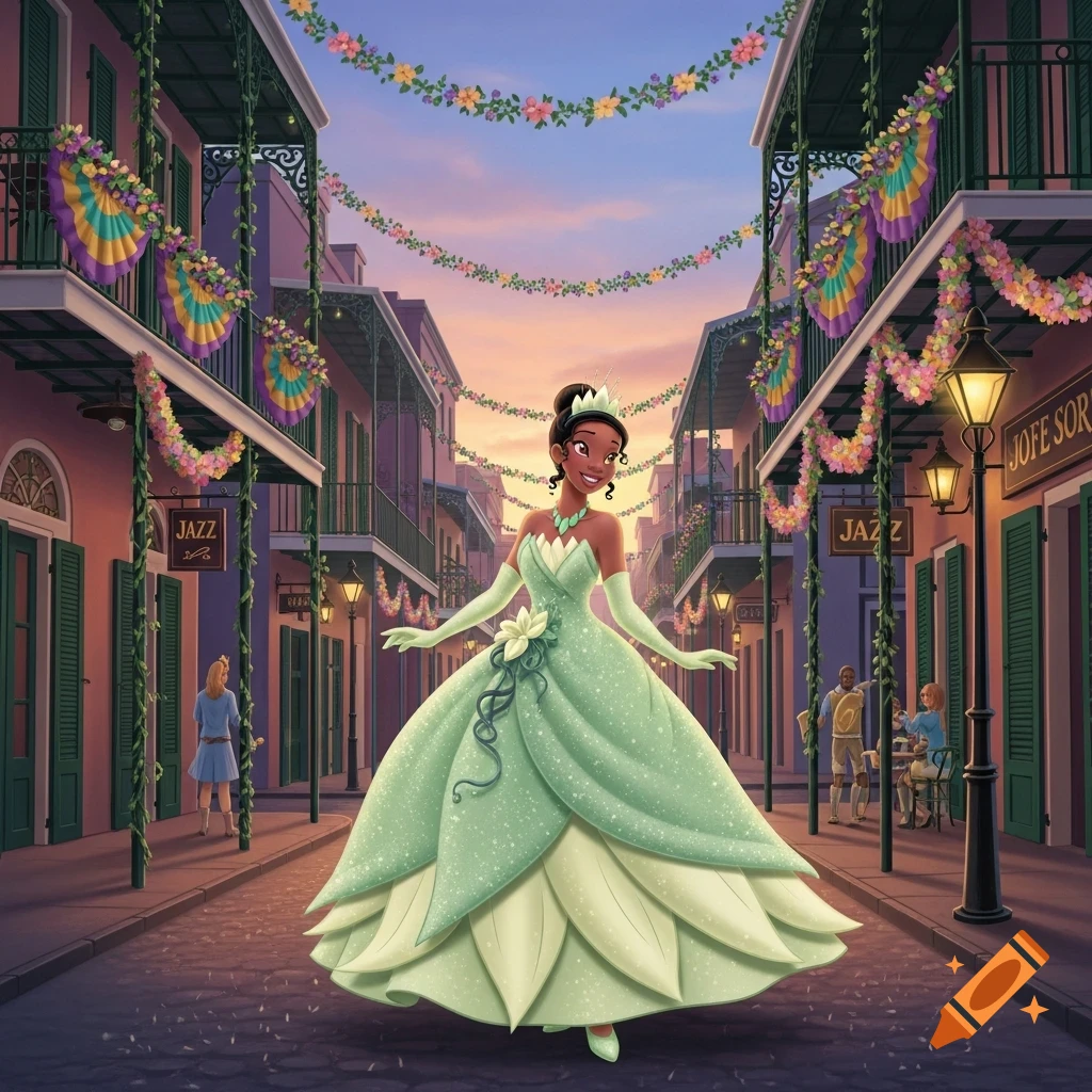Animated illustration of Princess Tiana in a sparkling green gown, standing on a festive street decorated with flowers and banners, with 'JAZZ' visible on a building sign.