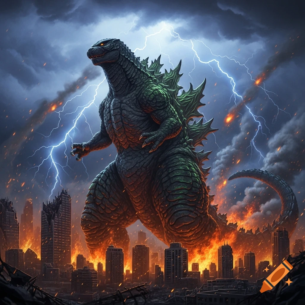 Giant green Godzilla stands amidst a burning, ruined city under a stormy sky with lightning.