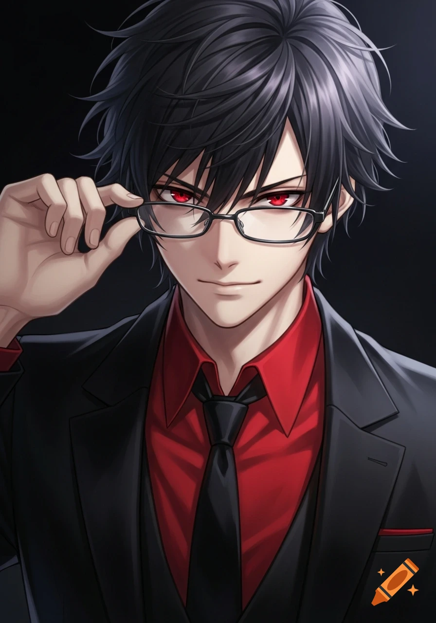 Anime portrait of a young man with red eyes and black messy hair, wearing a black suit, red shirt, and black tie, holding glasses.