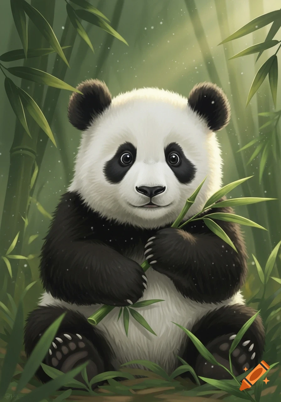 A cute, fluffy baby panda with big eyes sits in a vibrant bamboo forest, holding green bamboo stalks. Stylized digital illustration.
