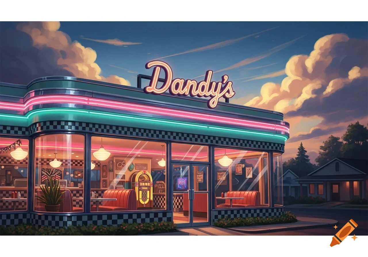 A vibrant retro diner named Dandy's with neon lights, featuring red booths and a jukebox, under a cloudy sunset sky.