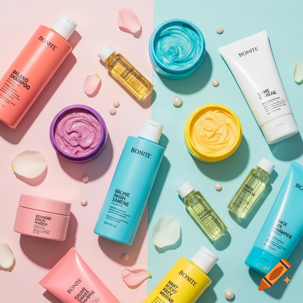 Colorful hair care products including shampoo, oil, and masks are arranged in a flat lay on a pink and blue pastel background.