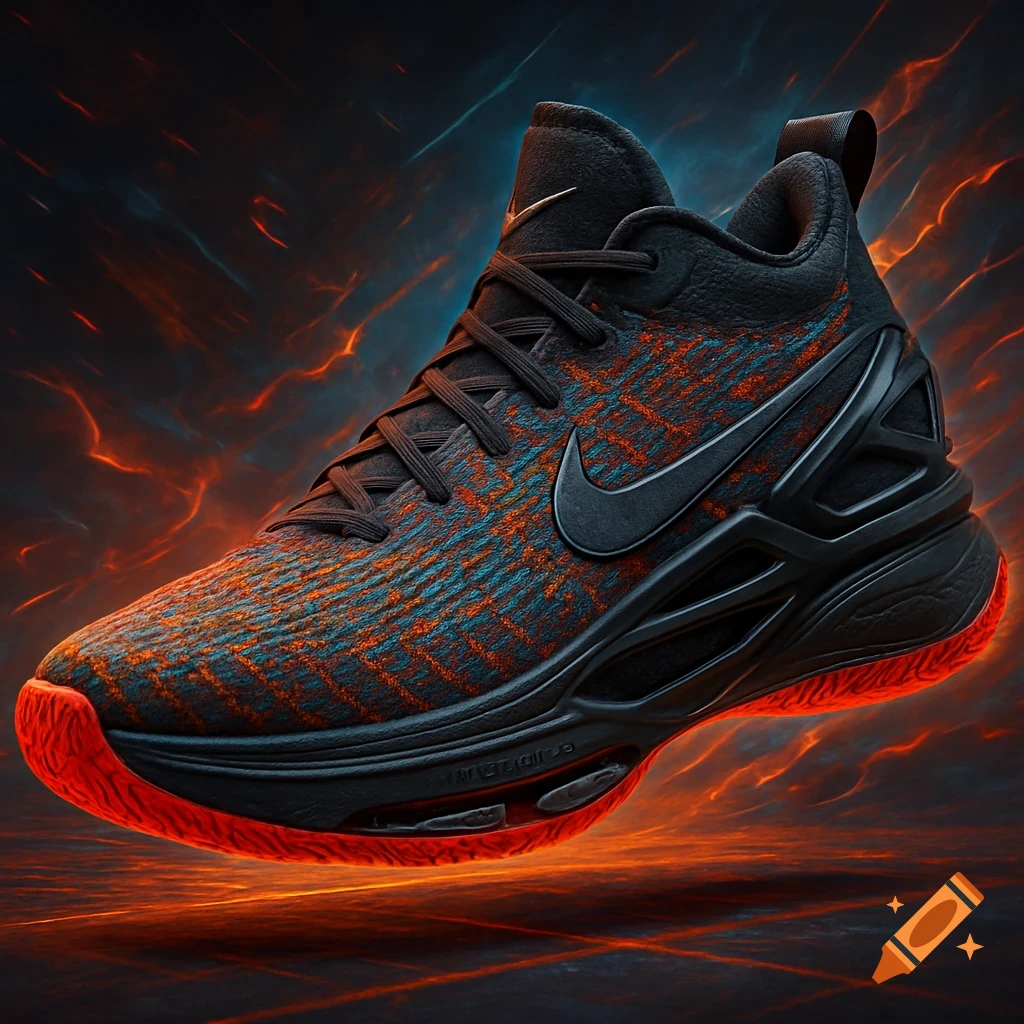 Photorealistic black and orange athletic shoe with a glowing red sole, against a fiery, smoky background.