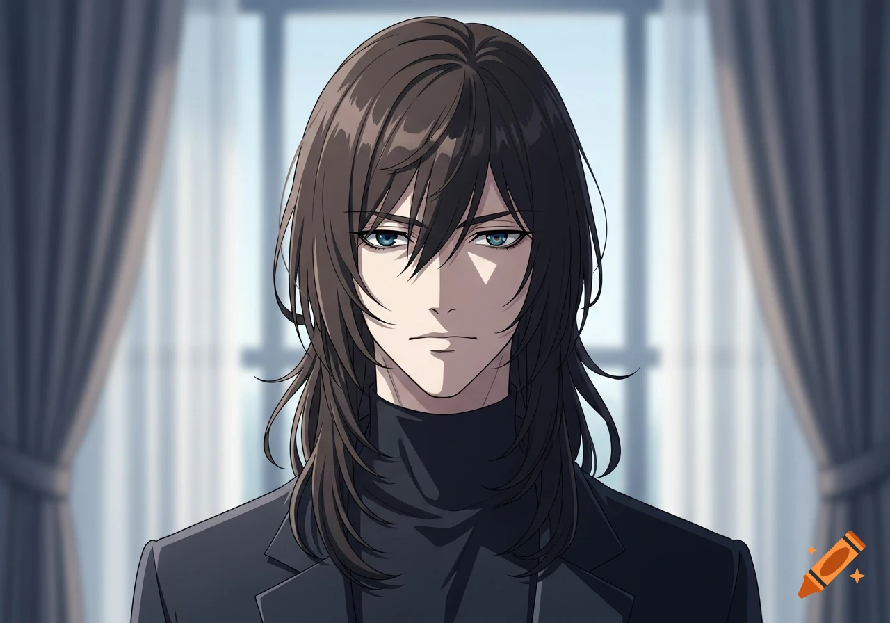 Anime portrait of a man with shaggy dark brown hair and blue eyes, wearing a black turtleneck and blazer, against a blurred window.