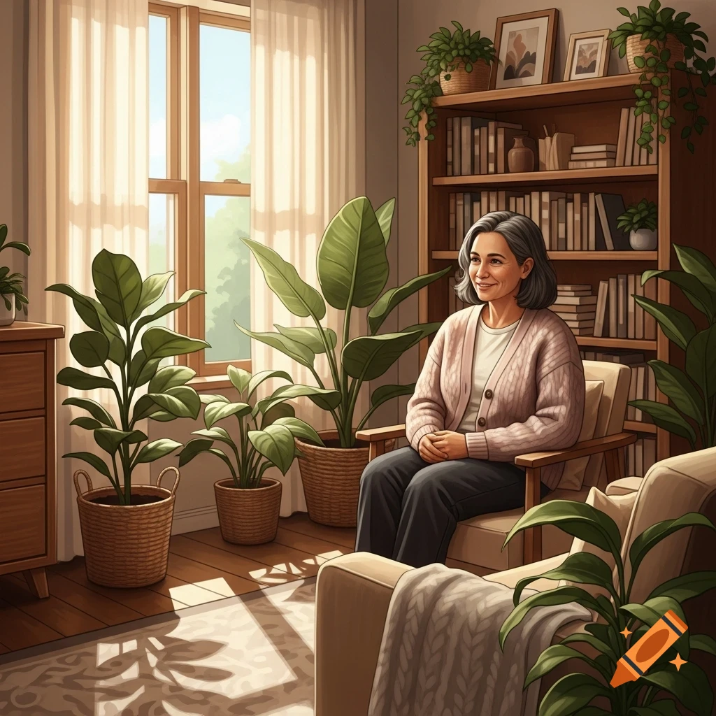 An older woman with short gray hair sits in a cozy, plant-filled living room with a bookshelf, smiling gently.