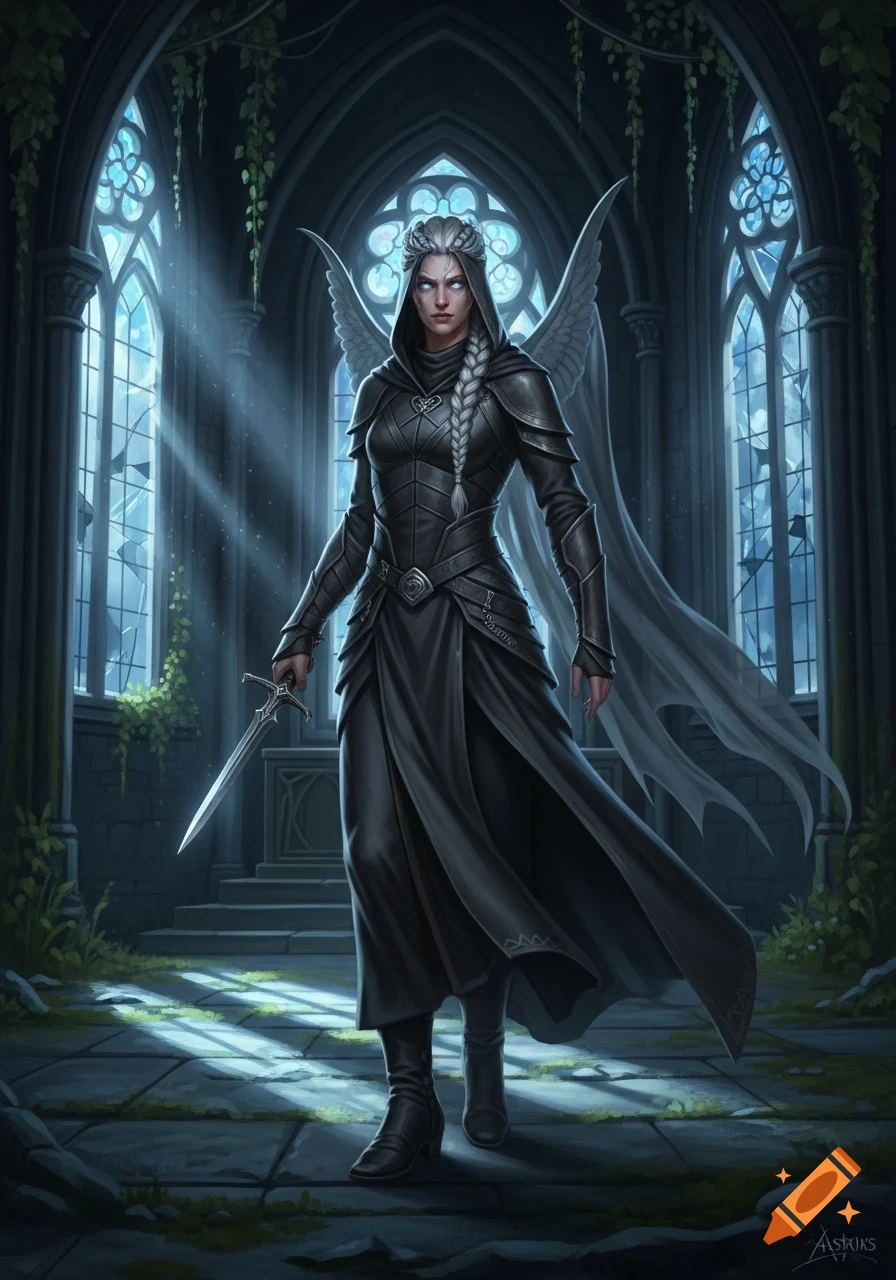 A white-haired, armored female Aasimar with glowing eyes and wings stands with a sword in a ruined gothic cathedral, bathed in moonlight.