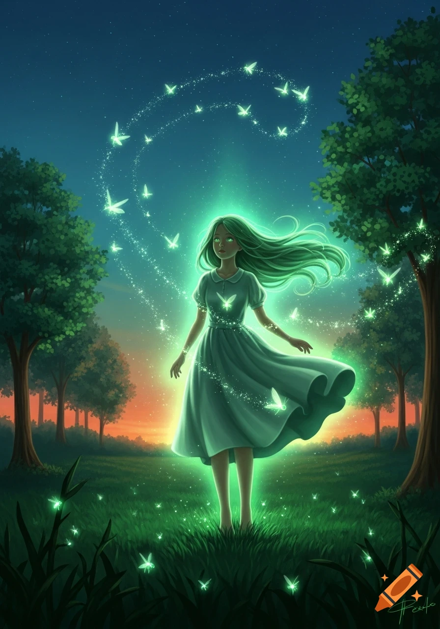 A green-haired girl with a glowing green aura stands in a field surrounded by glowing butterflies at twilight, digital art.