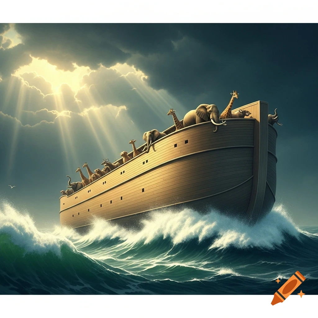 Noah's Ark, laden with animals including giraffes and elephants, sails on turbulent ocean waves under a dramatic sky with sun rays.