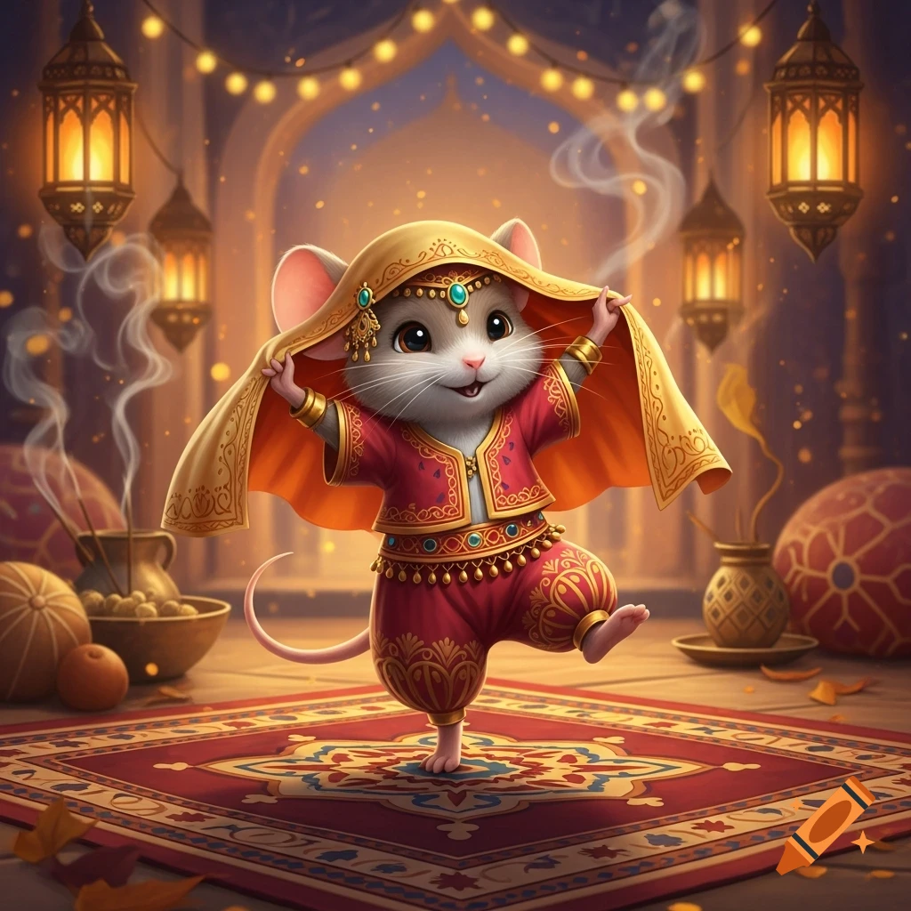 A cute cartoon mouse in red and gold oriental attire dances under a golden veil in a festive room with lanterns and a patterned rug.
