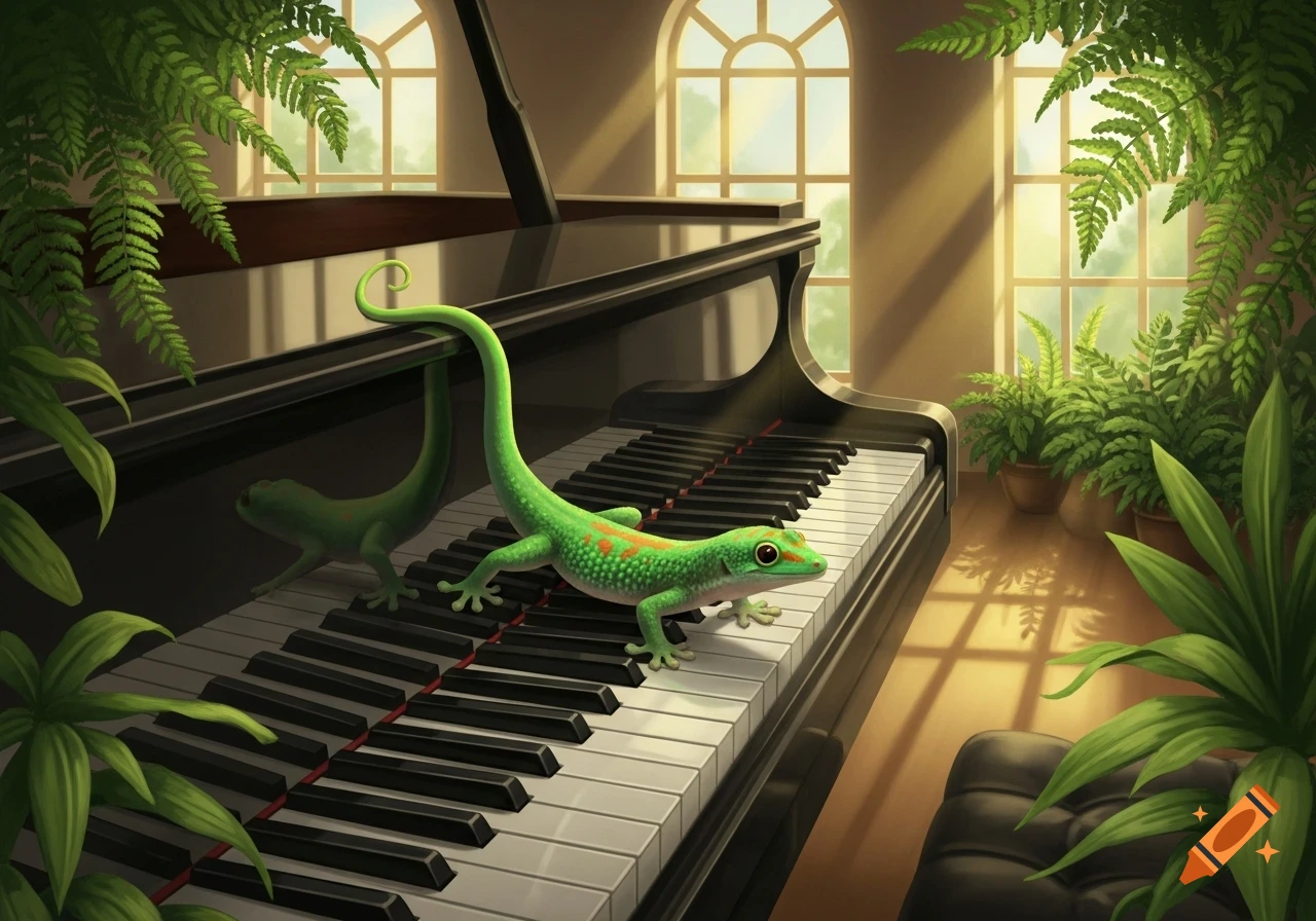 A green gecko with orange spots stands on the white keys of a black grand piano in a sunlit room with large windows and lush ferns.
