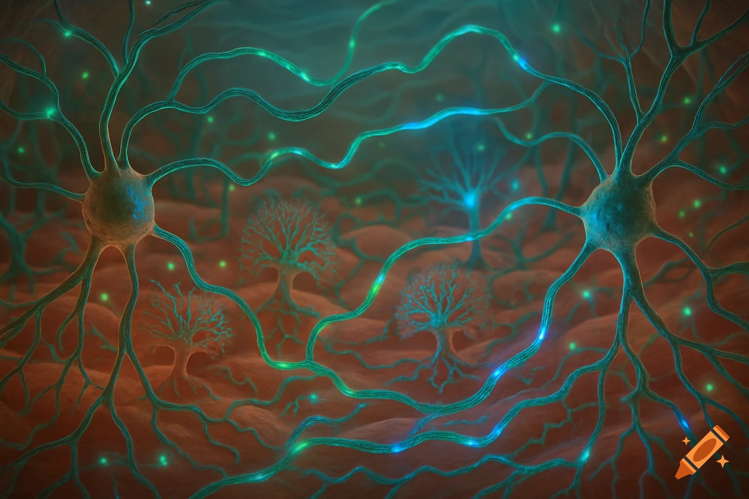 Close-up of a neural network with glowing green and blue connections within a reddish-brown biological tissue.