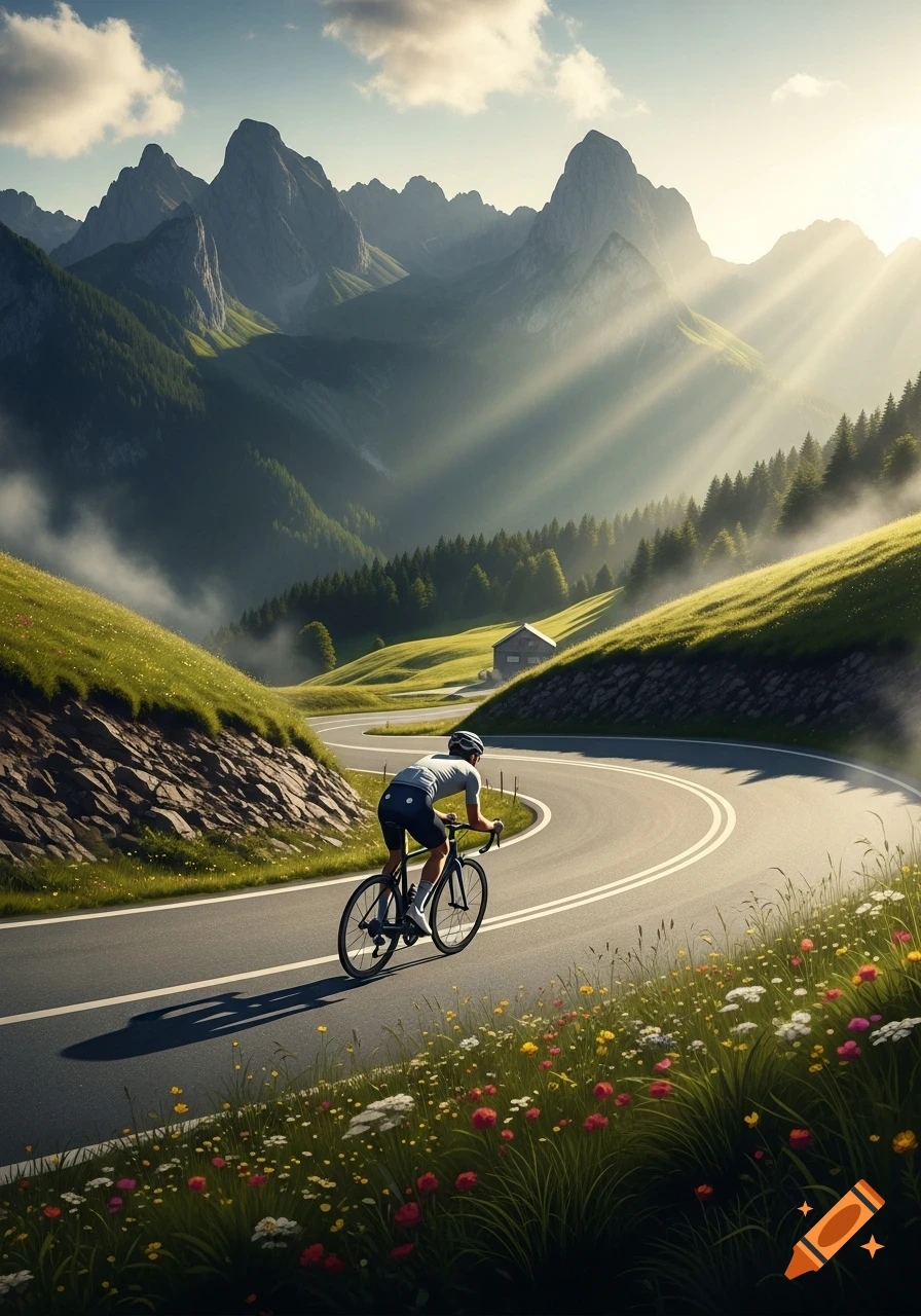 A cyclist rides a road bike up a winding mountain road with green hills, forests, and sun-drenched peaks in the background.