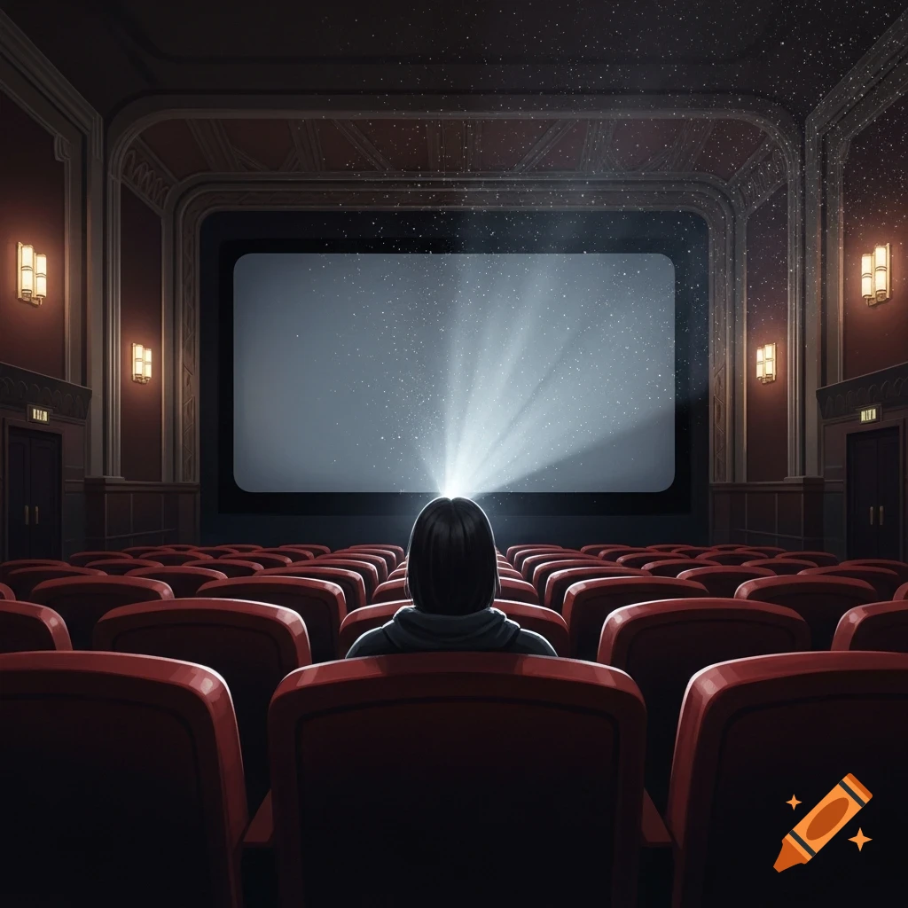 A person sits alone in a dark, classic cinema, watching a bright, starry screen with light rays emanating from their head.