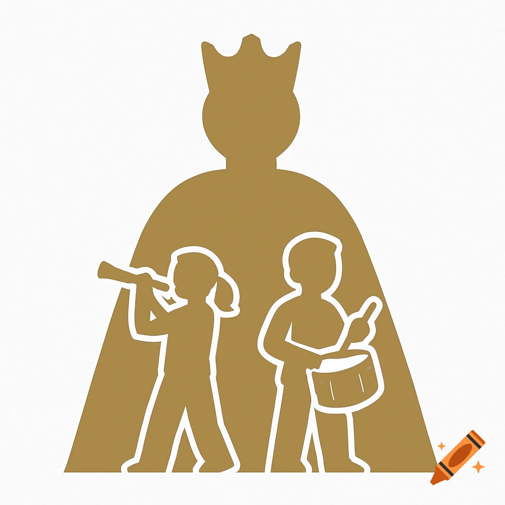 A minimalist gold logo of a crowned giant with two smaller figures, a girl playing a gralla and a boy playing a drum, in silhouette.
