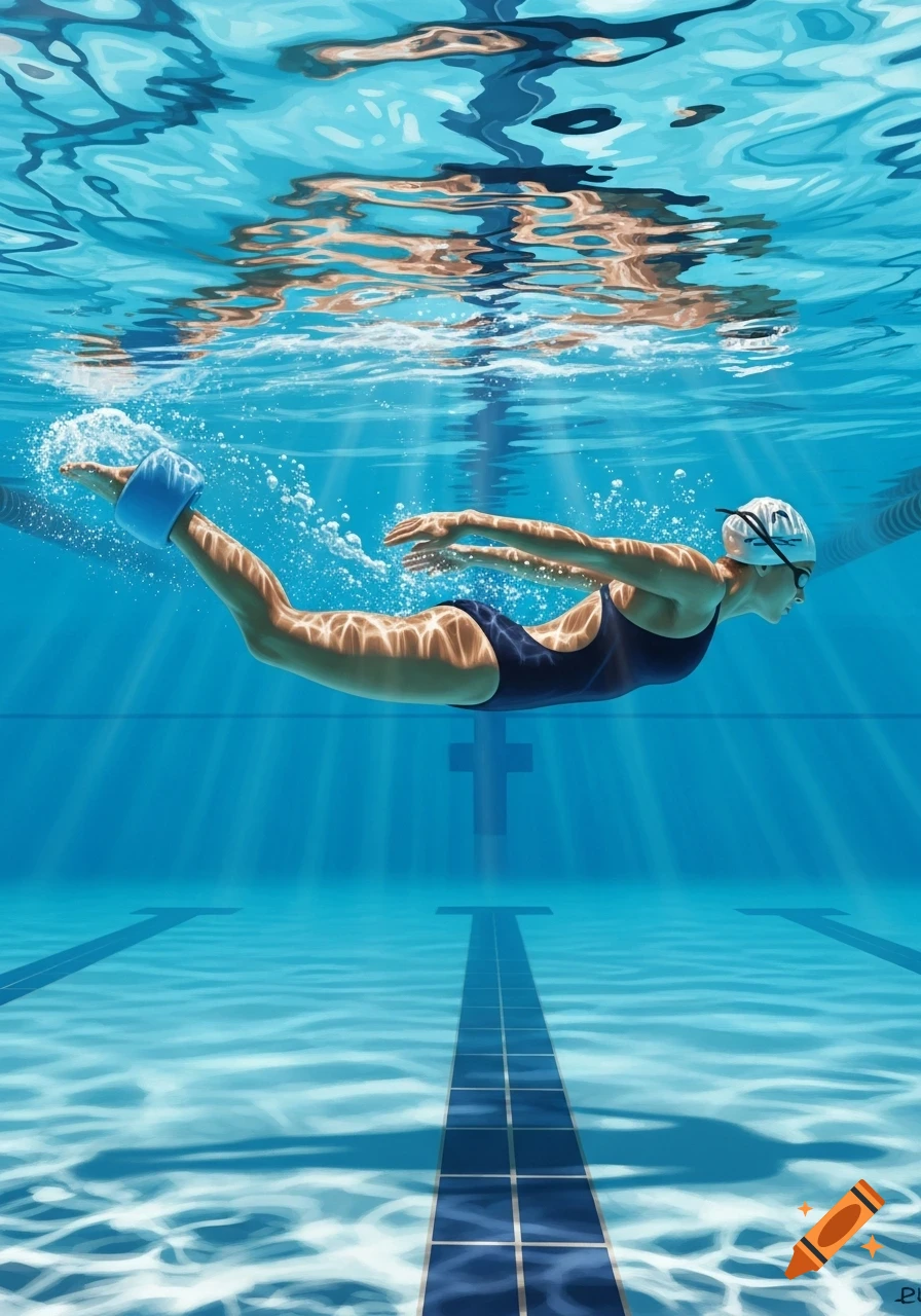 Female swimmer glides underwater in a clear blue pool, wearing a swimsuit, cap, goggles, and leg floats. Sunlight filters through water.