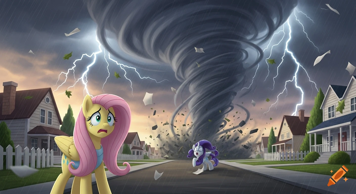 Fluttershy and Rarity, cartoon ponies, scared by a tornado and lightning on a suburban street.