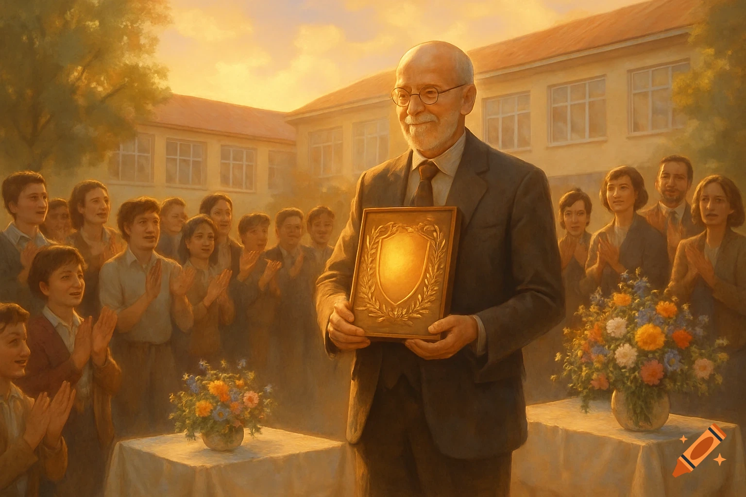 Smiling headmaster in a suit holds a golden plaque, applauded by a crowd outside a school building in warm, painterly light.