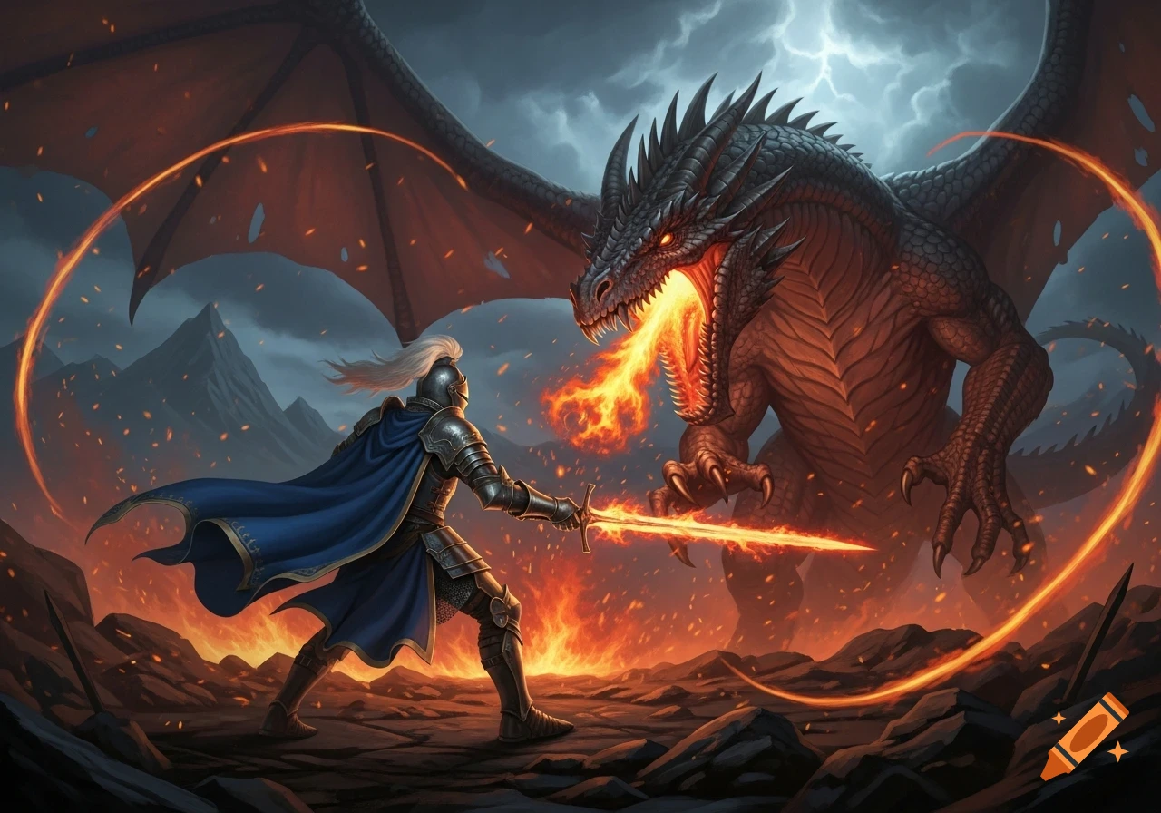 A knight in blue and silver armor fights a fire-breathing black dragon in a rocky landscape under a stormy sky.