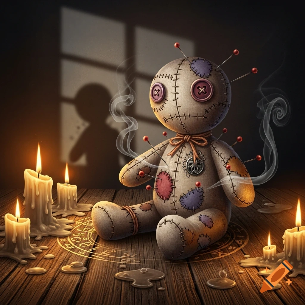 A detailed voodoo doll with pins and patches sits among melted candles and glowing symbols on a wooden floor in dim light.