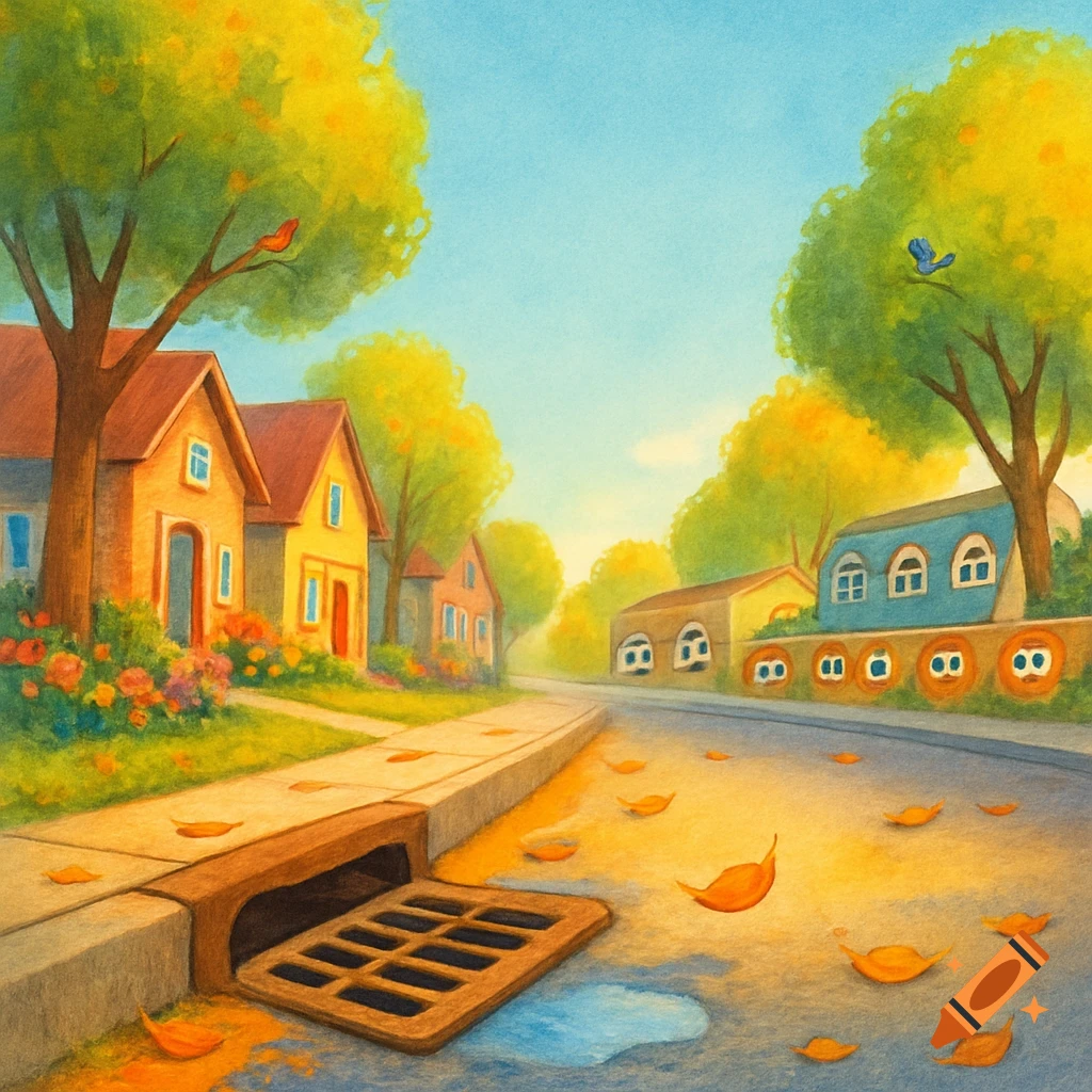 A whimsical, colorful autumn neighborhood street with houses, trees, falling leaves, and a storm drain with an open grate. Watercolor style.
