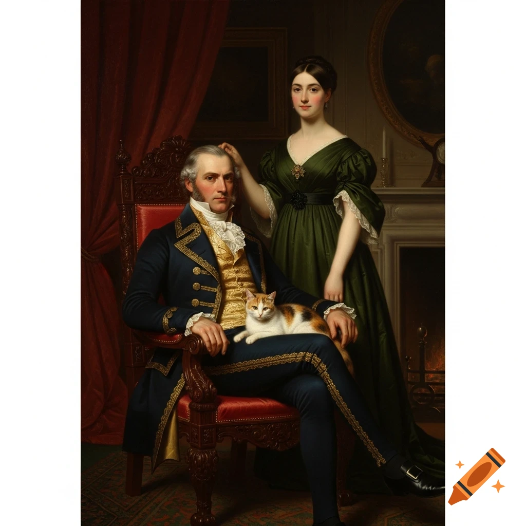 Antique Victorian oil painting of a man seated with a calico cat on his lap, a woman stands behind him in a dark room.