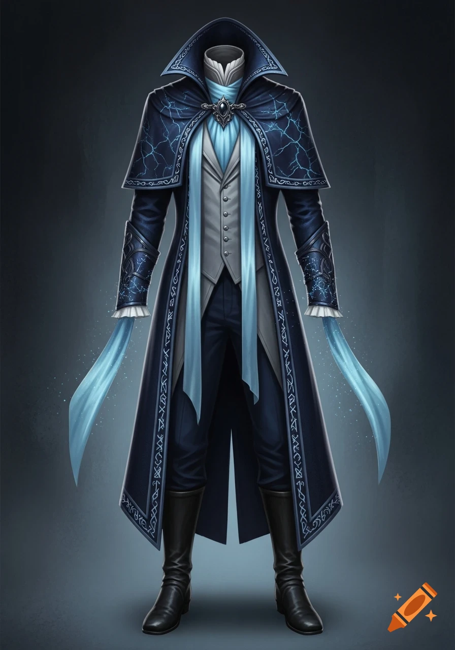 A dark blue fantasy wizard's coat and outfit with light blue scarves, a grey vest, and black boots on a headless mannequin.