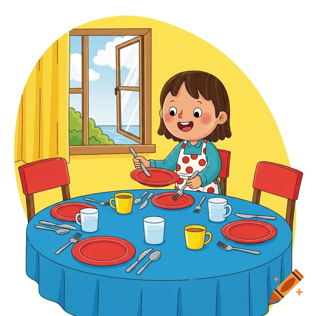A cartoon illustration of a child in an apron setting a dining table with red plates and cutlery, next to an open window.