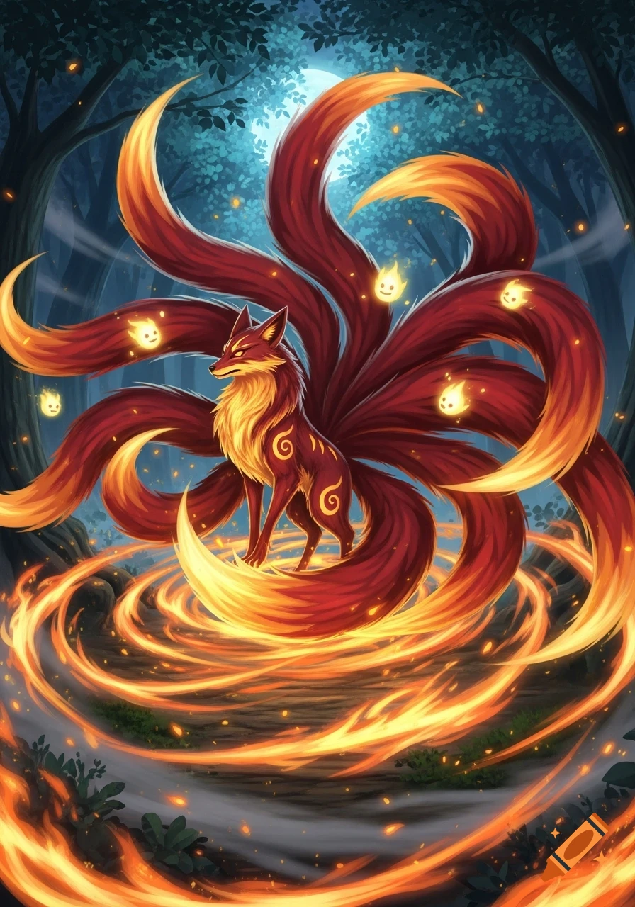 Vibrant illustration of a majestic nine-tailed fox standing amidst swirling flames and small fire spirits in a dark, moonlit forest.