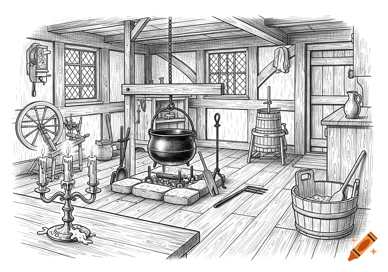 A monochrome sketch illustration of a 17th-century Puritan dwelling interior with a cauldron over a hearth, spinning wheel, butter churn, and candlestick.