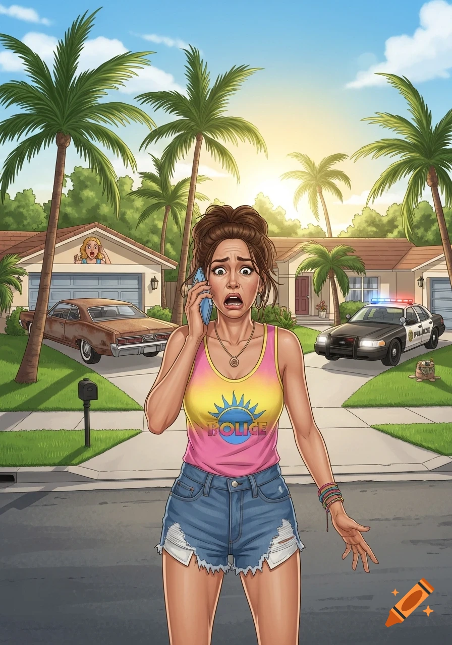 A distressed cartoon woman talks on a phone in a suburban street, with a police car and palm trees in the background.