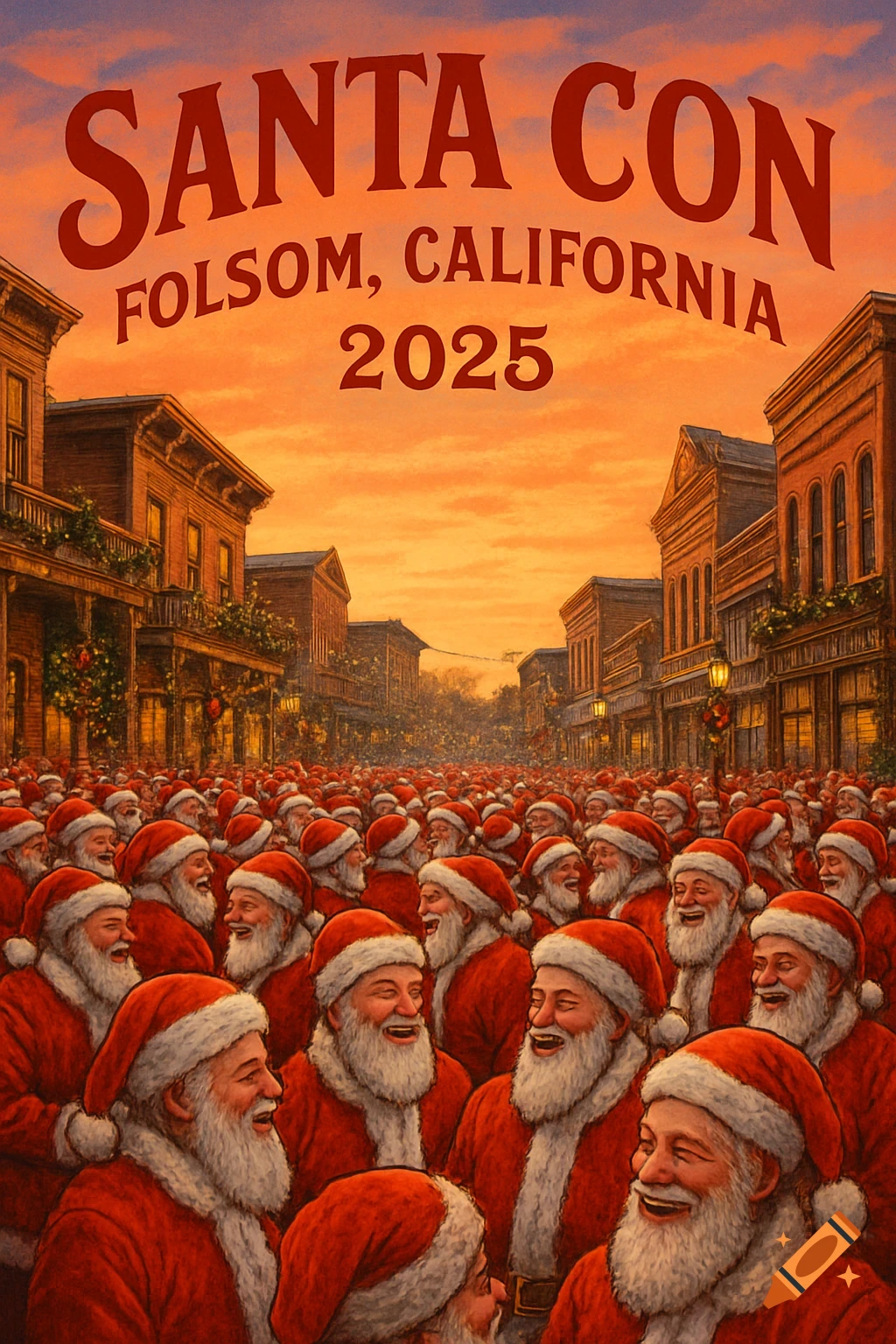 A large crowd of Santas fills a historic California gold rush town street at sunset, under a banner reading 'Santa Con Folsom, California 2025'.