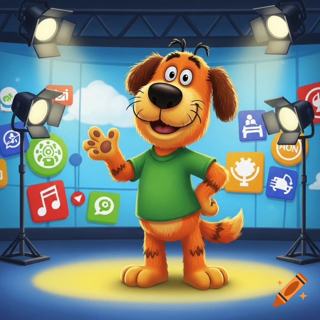 A cartoon orange dog mascot in a green shirt waves on a stage lit by spotlights, with various app icons floating in the background.