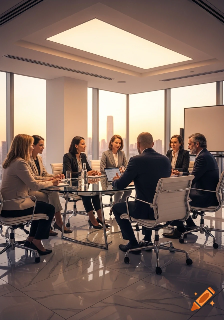 A group of business executives sits around a glass conference table in a modern high-rise office with city views at sunset.