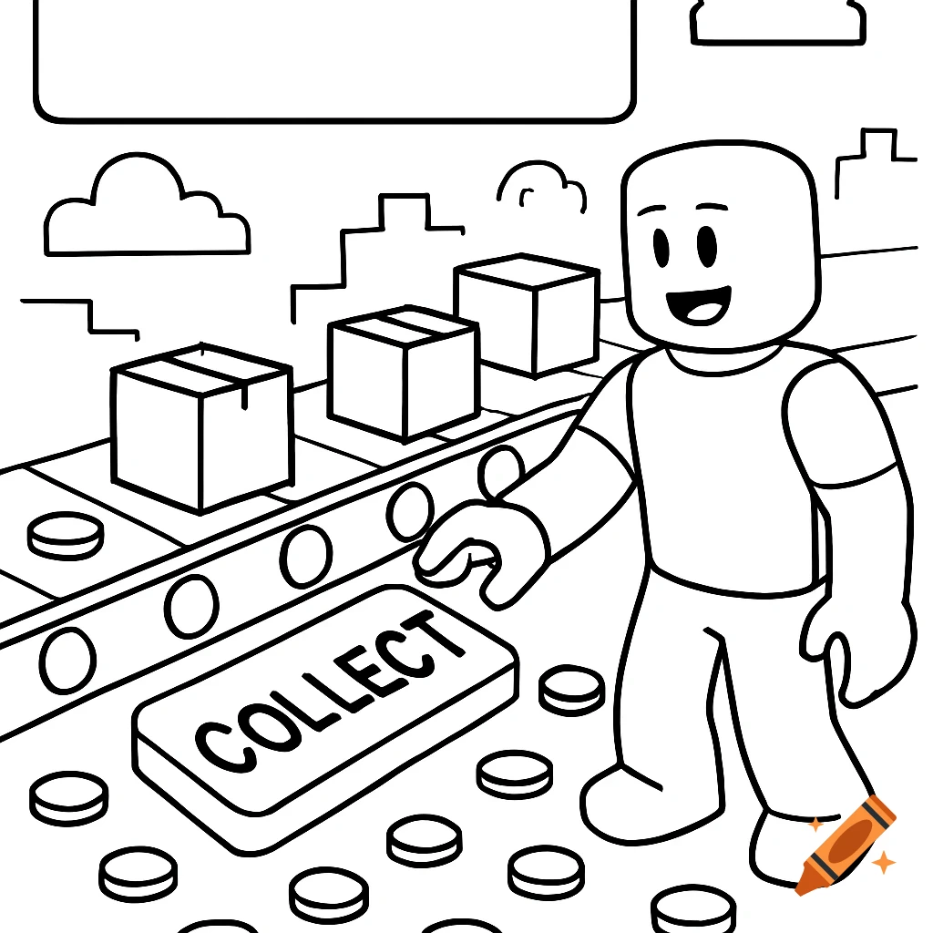 Black-and-white coloring page of a Roblox character pressing a "COLLECT" button on a conveyor belt with boxes and coins.