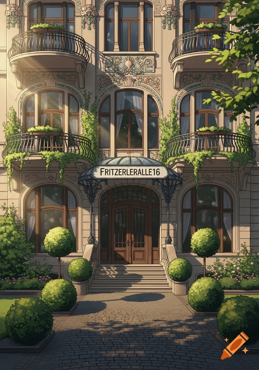 Illustrated building facade with ornate balconies, green plants, and a sign reading 'FRITZERLERALLE16' above the main entrance.