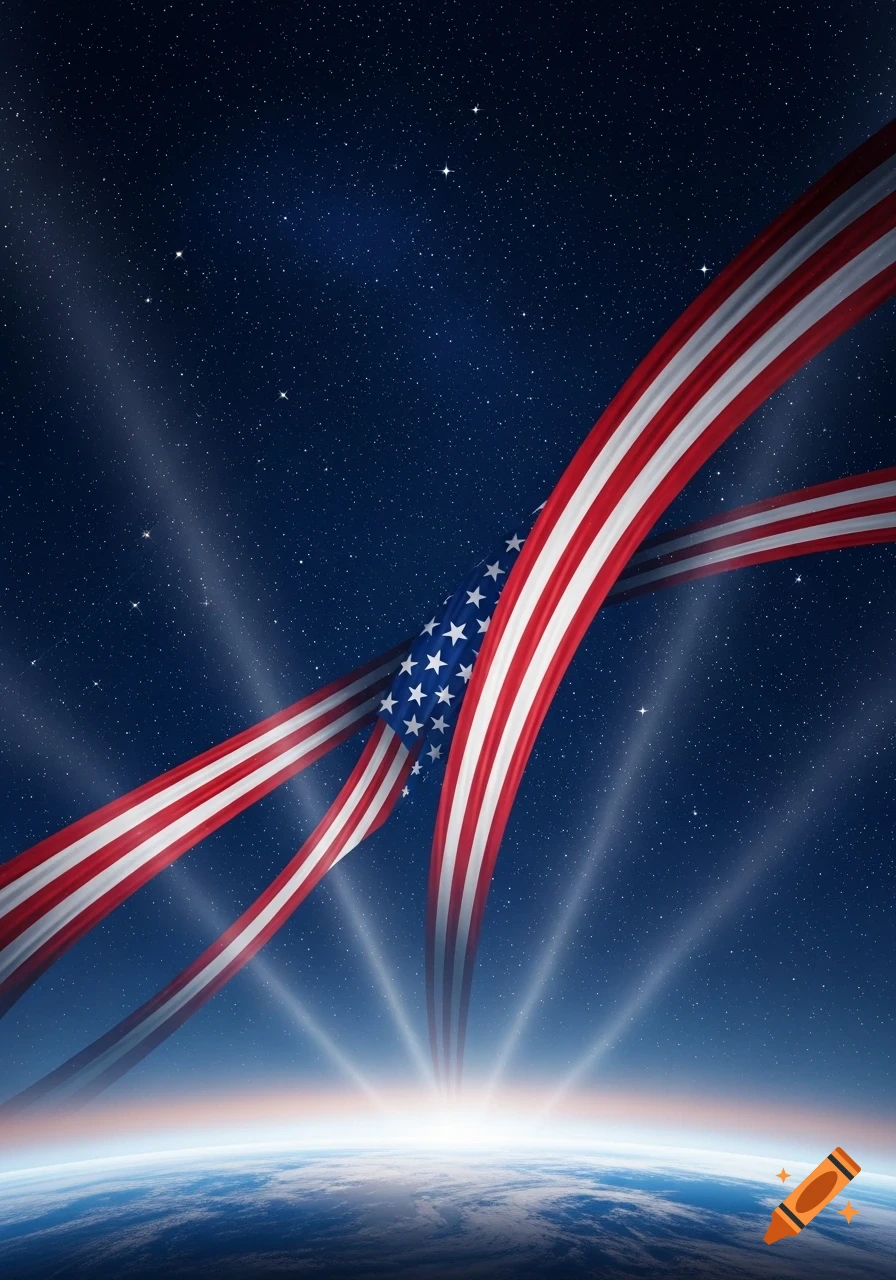 Stylized American flag ribbons soar through a starry night sky, with radiant light emerging from the Earth's horizon.