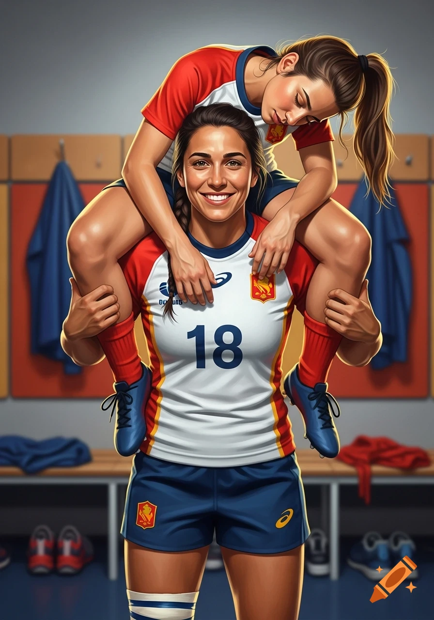 Two smiling female rugby players in uniforms pose in a locker room, one carrying her teammate on her shoulders.