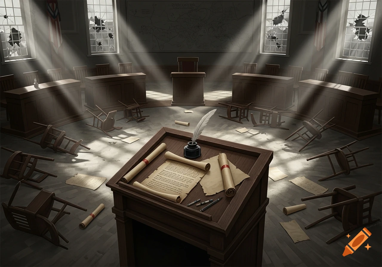 A dramatic artwork of a disheveled assembly hall, with broken windows, overturned chairs, scattered documents, and a quill on a central desk.