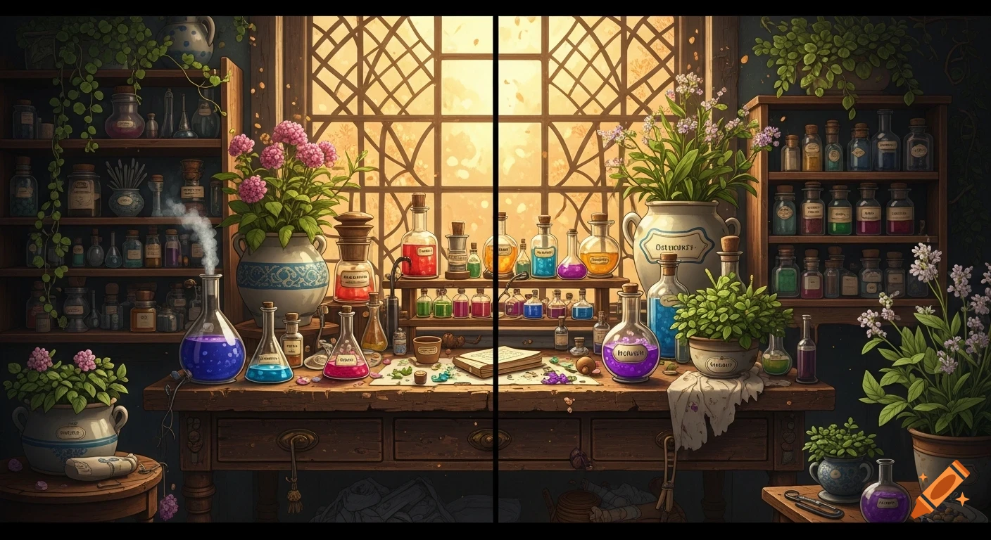 A detailed apothecary's workshop with bottles, beakers, plants, and an open book on a wooden desk, bathed in light from a large window.