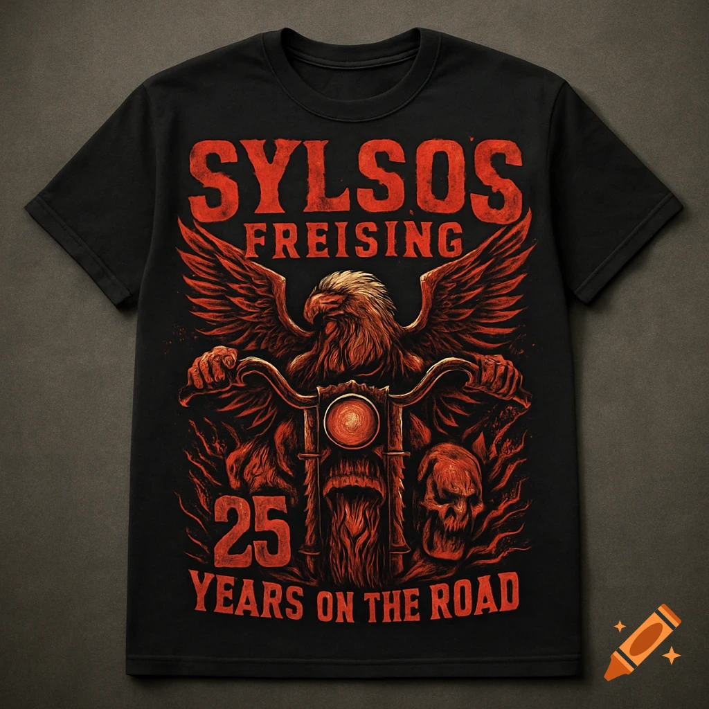 Black T-shirt with red and orange grunge biker design: eagle on motorcycle, skull, and 'SYLSOS FREISING 25 YEARS ON THE ROAD' text.