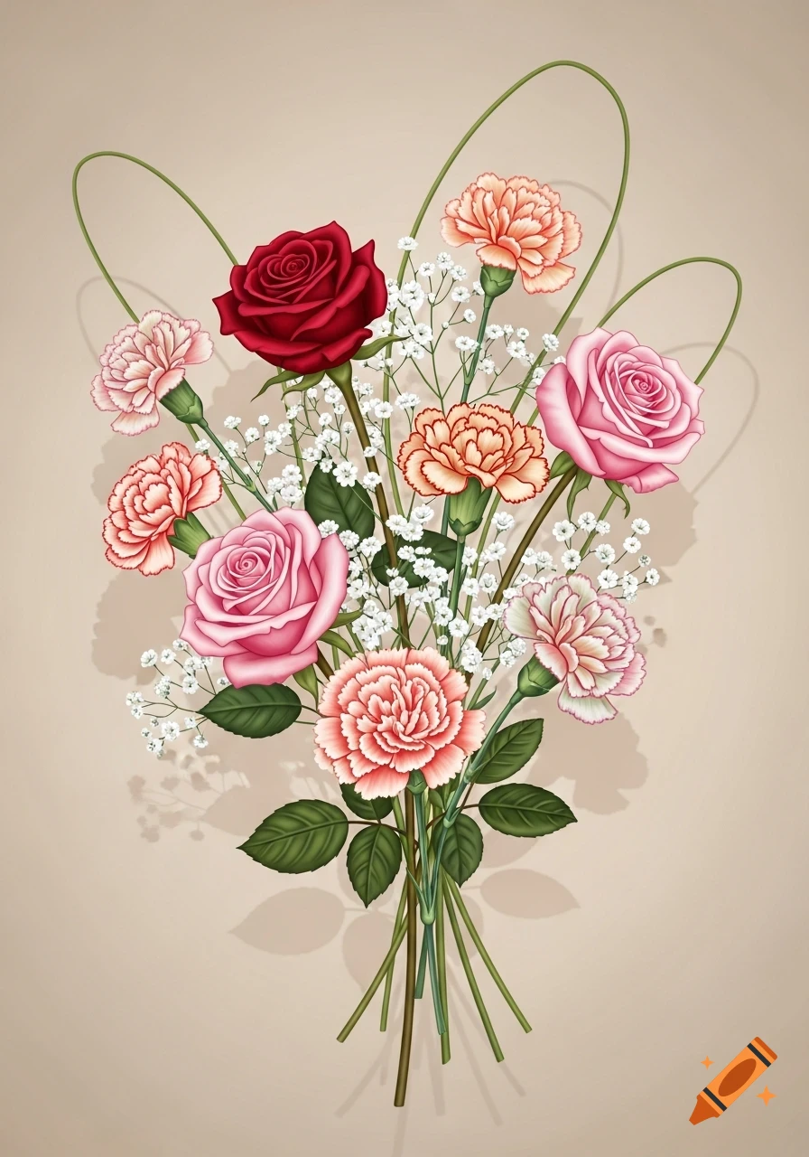 An illustration of a vibrant bouquet featuring red and pink roses, pink and orange carnations, and white gypsophila on a beige background.