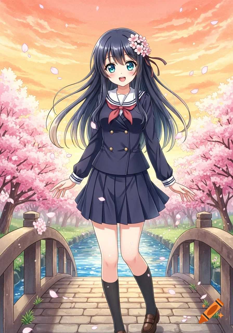 An anime girl in a school uniform smiles on a bridge amidst cherry blossom trees with falling petals.