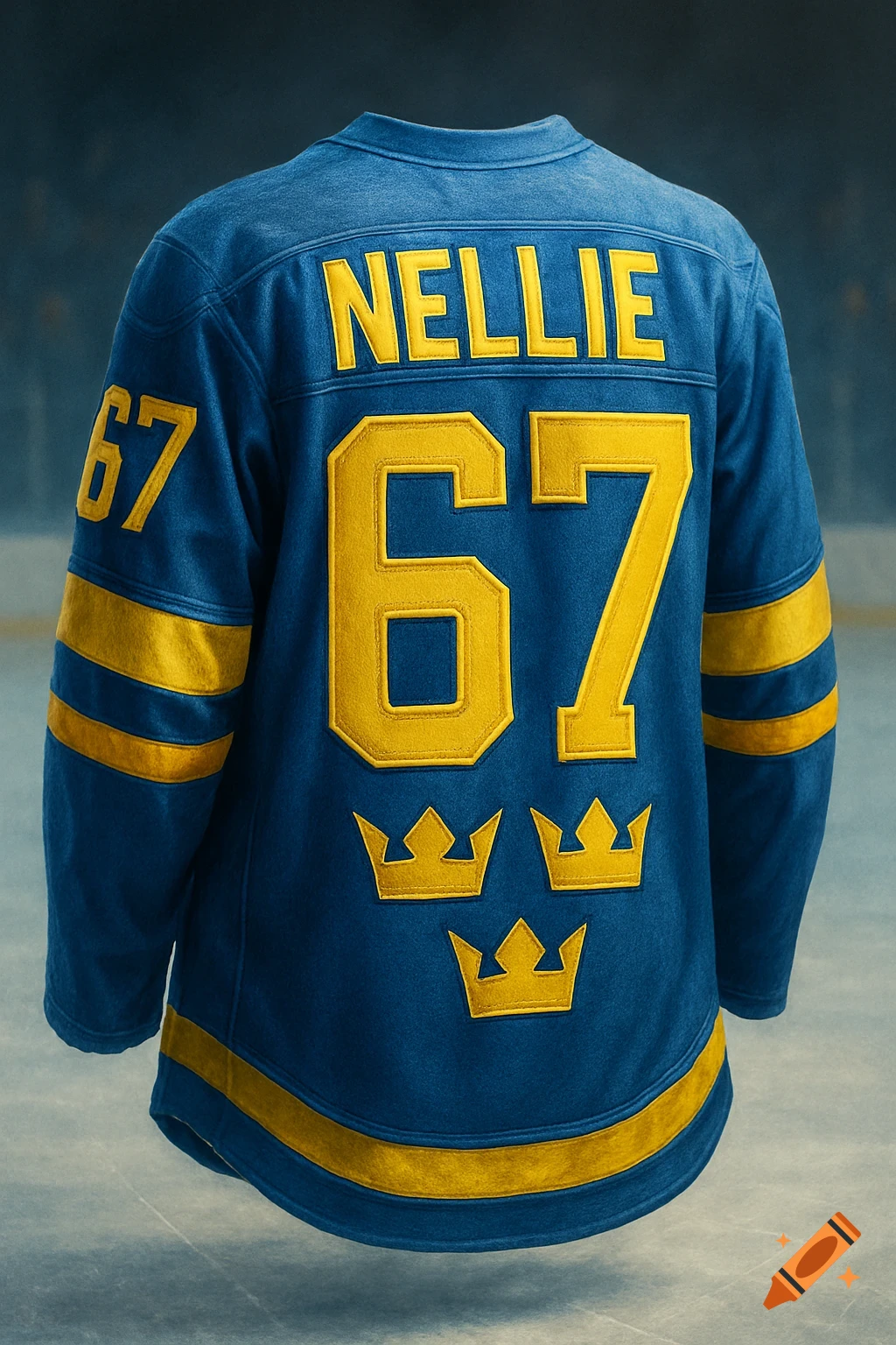 Back of a blue and yellow Swedish hockey jersey with "NELLIE" and "67" emblazoned on it, floating above ice.