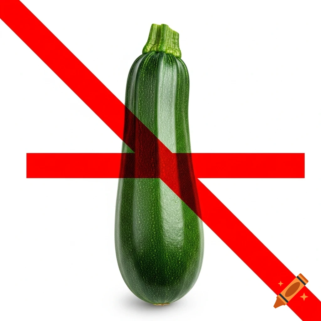 A photorealistic green zucchini with a large, bold red cross covering it, against a white background.