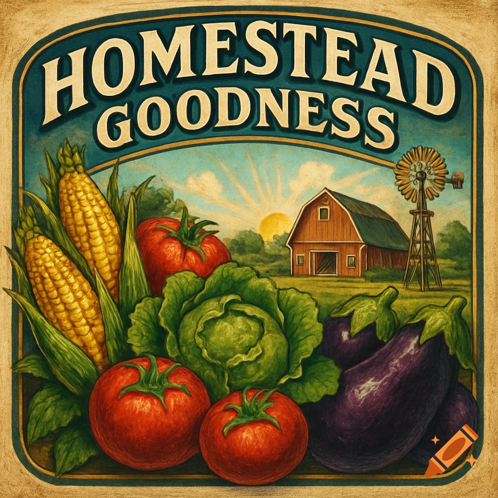 A vintage farm label for 'Homestead Goodness' with corn, tomatoes, cabbage, eggplants, a barn, and a windmill.