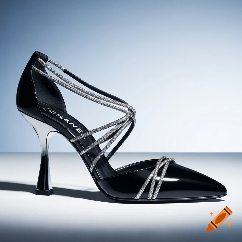 A black patent leather high-heeled shoe with a silver metallic heel and crisscross silver fabric straps against a light blue background.